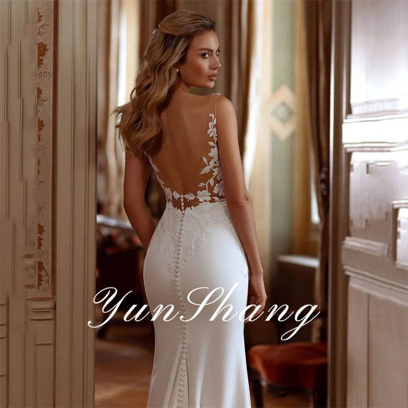 Elegant Mermaid Open Back V-Neck Lace Spaghetti Straps Bridal Gown Sweep Train Wedding Dressing Dress - The Clothing Company Sydney