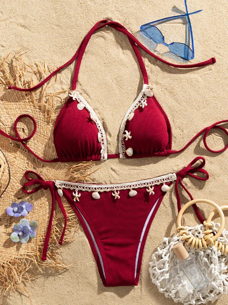 Shell Decoration Ribbed Bikini Women Swimwear Swimsuit Two-pieces Bikini Set Halter Strappy Bather Bathing Suit The Clothing Company Sydney