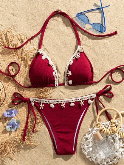 Shell Decoration Ribbed Bikini Women Swimwear Swimsuit Two-pieces Bikini Set Halter Strappy Bather Bathing Suit The Clothing Company Sydney