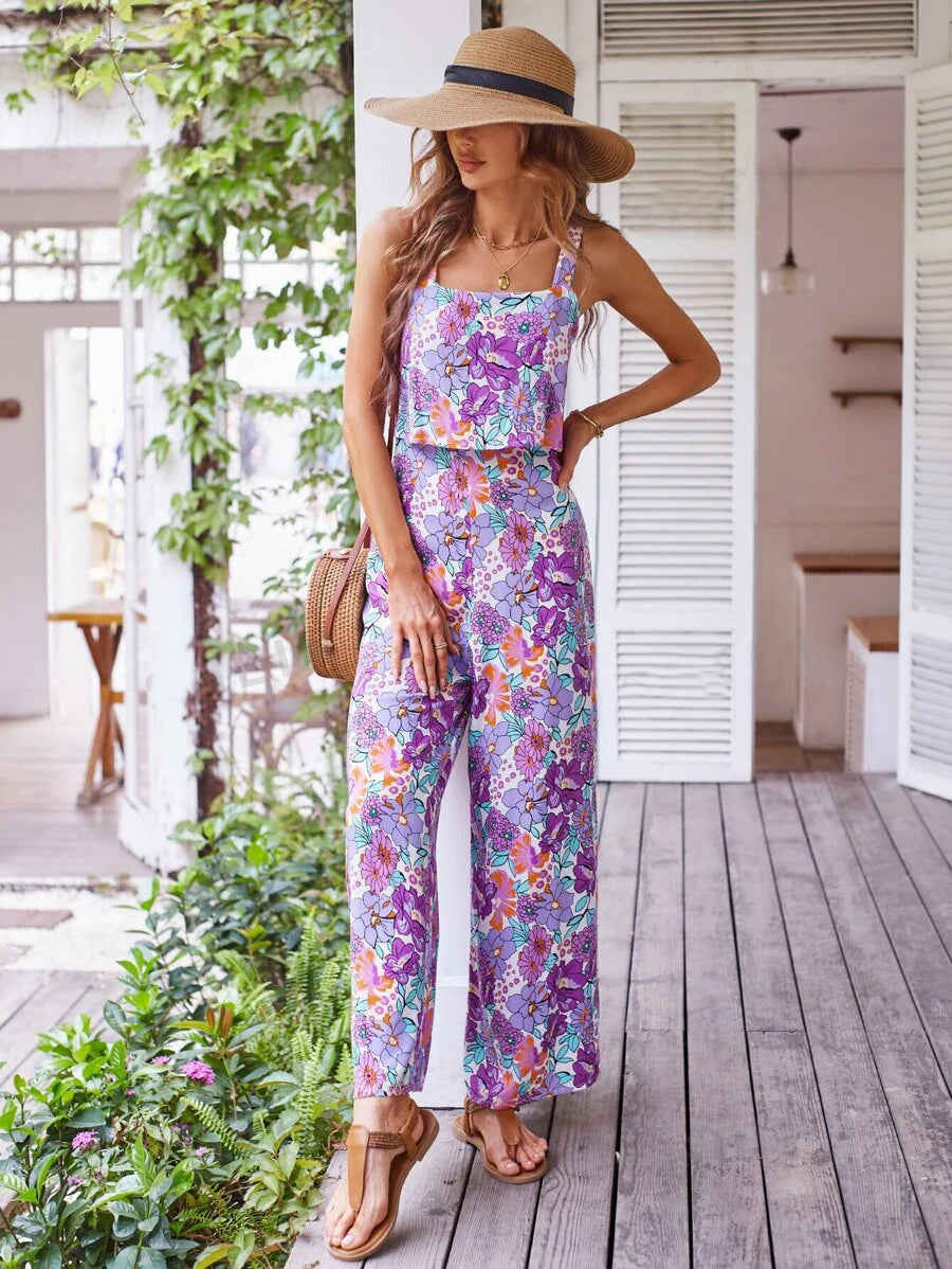 Elegant Long Women's Backless Wide Leg Jumpsuits Casual Sleeveless Floral Rompers Summer Matching Outfit Set - The Clothing Company Sydney