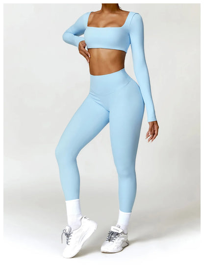 2 Piece Long Sleeve Gym Set Women Yoga Clothes Quick-Drying Sportswear Running Leggings Workout Sports Crop Top Shorts - The Clothing Company Sydney