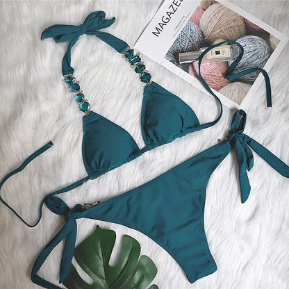 Rhinestone Two 2 Piece Swimsuit Crystal Thong String Bikini Set Women Swimwear Beach Wear Bathing Suit - The Clothing Company Sydney