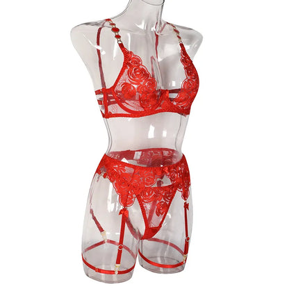 3 Piece Lingerie Luxury Jewel Shoulder Strap Underwear Garter Lace IntimateLingerie Set - The Clothing Company Sydney