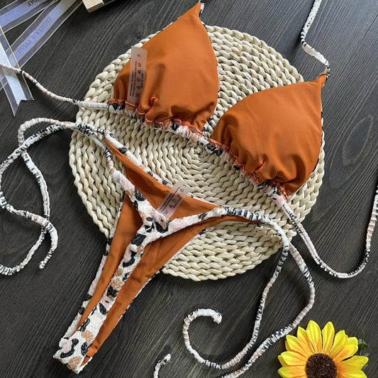 Two Piece Bikini Set Leopard Print Halter Bikini Set Cherry Print Thong Swimsuit High Waist Lace-up Bathing Suit - The Clothing Company Sydney