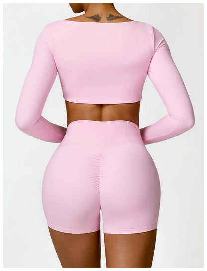 2 Piece Long Sleeve Gym Set Women Yoga Clothes Quick-Drying Sportswear Running Leggings Workout Sports Crop Top Shorts - The Clothing Company Sydney