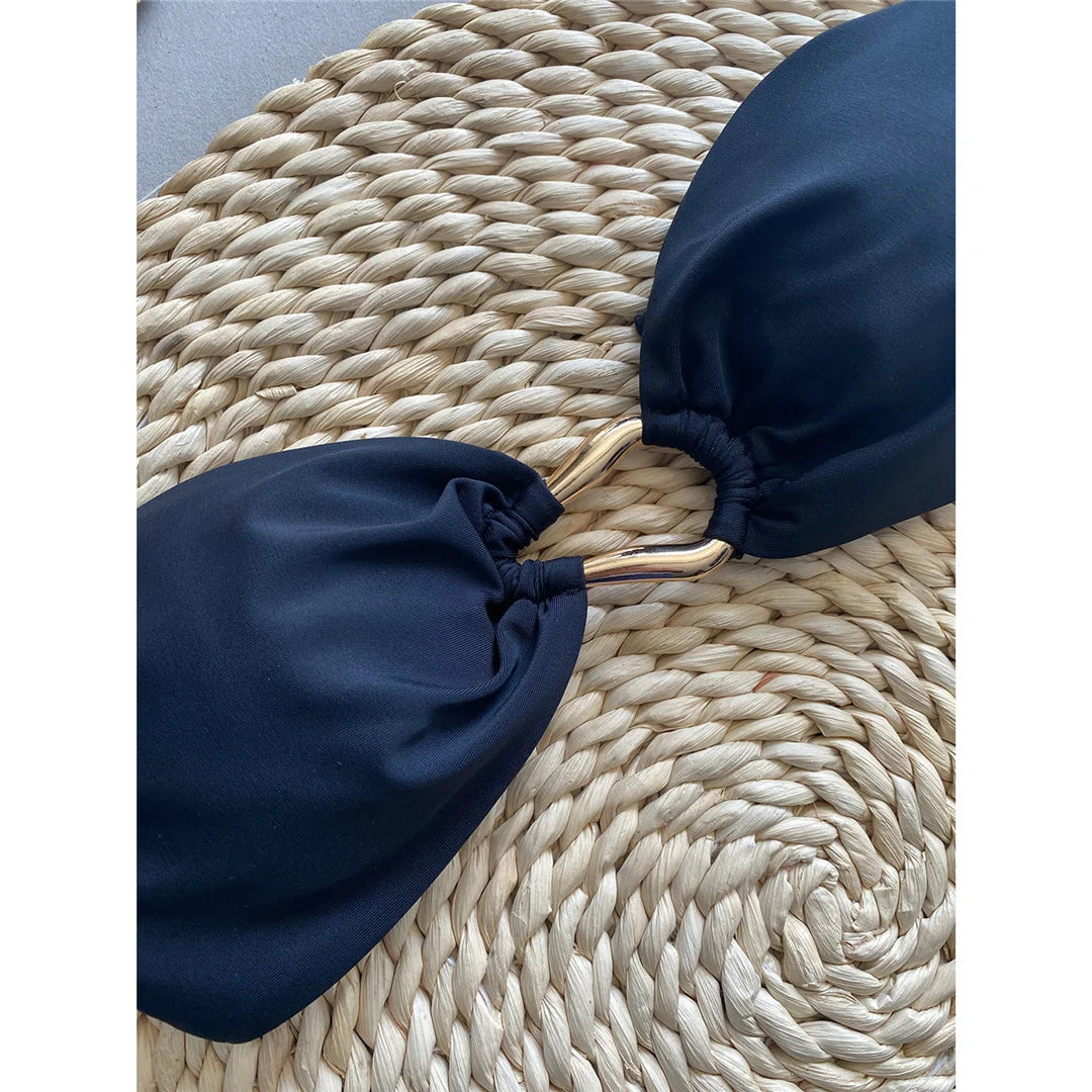 Bandeau High Leg Cut Metal Rings Bikini Swimsuit Swimwear Two-pieces Bikini set Bather Bathing Suit - The Clothing Company Sydney
