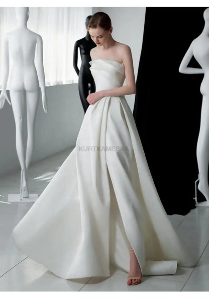 Luxury White Satin Trailing Wedding Dresses Women Elegant Strapless Long Prom Party Bridal Dress - The Clothing Company Sydney