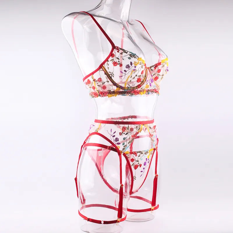 3 Piece Lingerie Sensual Lace Underwear Transparent Embroidery Garters Fancy Beautiful Bra Panties Intimate Set The Clothing Company Sydney
