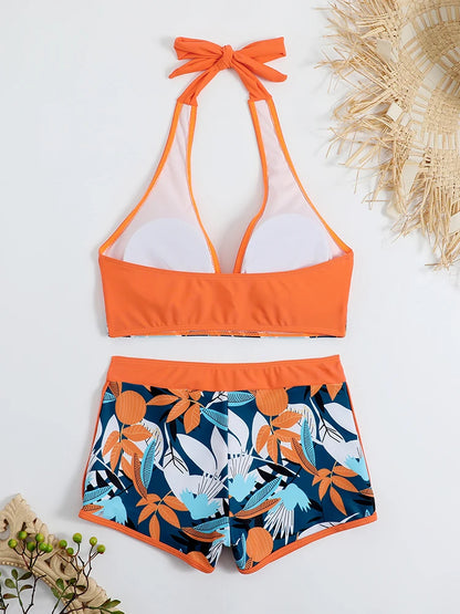 2 Piece Halter Bikini Set Shorts Swimsuit High Waist Swimwear Female Printed Bathers Swimming Bathing Swim Suit Beachwear - The Clothing Company Sydney