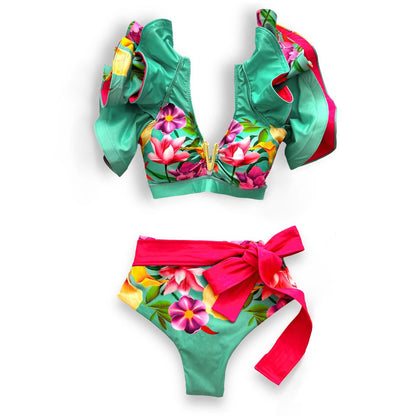 V-Neck High Waist Bikini Sets Shoulder Ruffled Printed Swimsuit Two Piece Swimwear Bathing Suits The Clothing Company Sydney