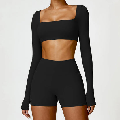 2 Piece Long Sleeve Gym Set Women Yoga Clothes Quick-Drying Sportswear Running Leggings Workout Sports Crop Top Shorts - The Clothing Company Sydney