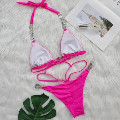 2 Piece Rhinestone Swimsuit Crystal Thong String Bikini Set Swimwear Beach Wear Bathing Suit - The Clothing Company Sydney
