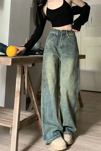Vintage Baggy Straight Denim Trousers Y2K High Waist Loose Wide Leg Jeans Women Streetwear All-Match Casual Pants - The Clothing Company Sydney