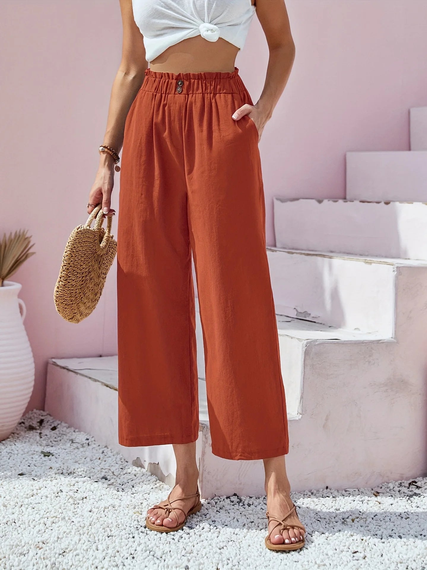 Women's Cotton Linen Loose Wide Leg Pants Summer Female High Elastic Waist Button Casual Streetwear Trousers The Clothing Company Sydney