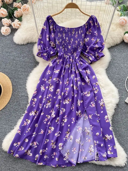 Women's Fashion Romantic Floral Print Split Long Summer Dress Puff Sleeve Party Dress - The Clothing Company Sydney