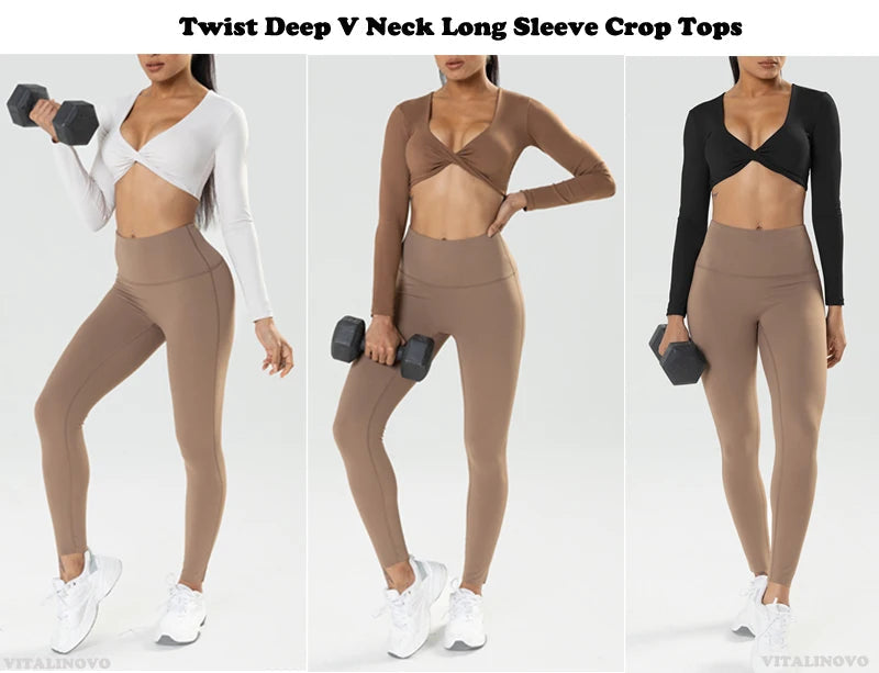 Long Sleeve Gym Crop Tops for Women Twist Deep V Workout Crop T Shirt Top Quick Dry Padded Sports Fitness Yoga Top The Clothing Company Sydney
