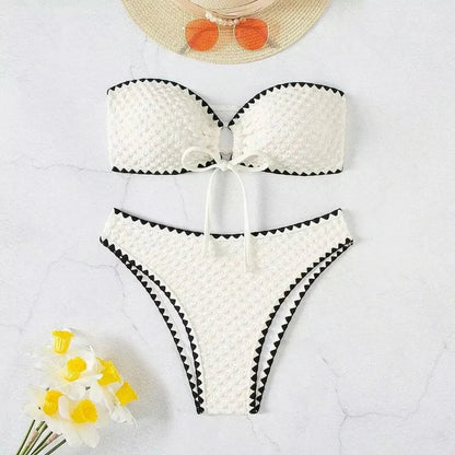 Swimwear White 2 Piece Strapless Swimsuit Bandeau Backless Bikini Set Lace-up Patchwork Bathing Suit The Clothing Company Sydney