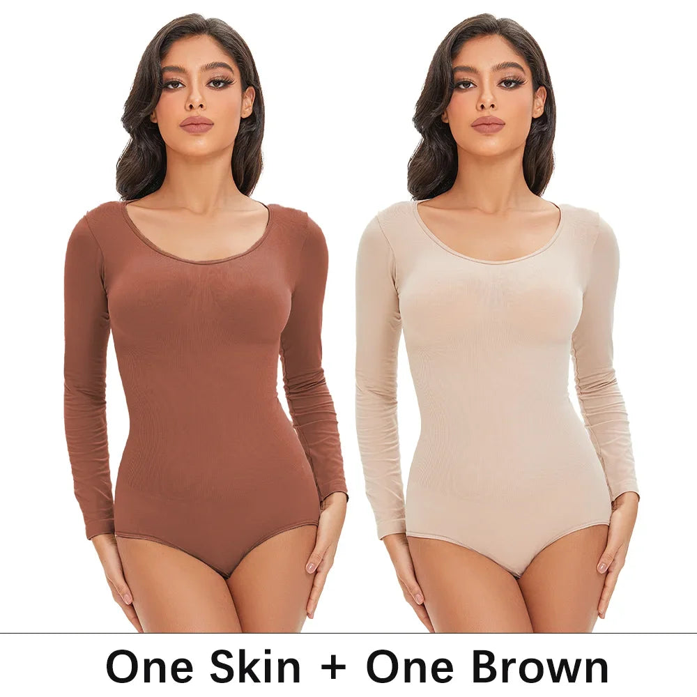 Spandex Elastic Body Suit Shapewear Women Body Shaper Long Sleeve Round Neck Seamless Shapers