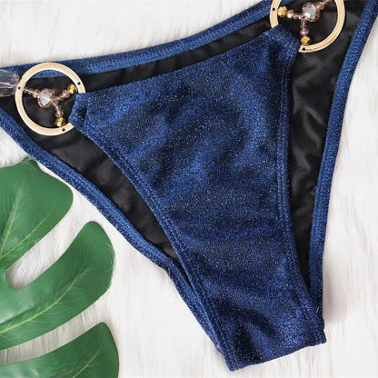 2 Piece Rhinestone Swimsuit Crystal Thong String Bikini Set Swimwear Beach Wear Bathing Suit - The Clothing Company Sydney