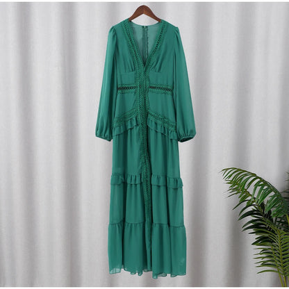 Women V-neck Lantern Long Sleeves Maxi Dress Elegant Patchwork Ruffles Hollow Lace Slim  Summer Dress - The Clothing Company Sydney