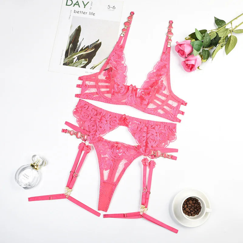 3 Piece Lingerie Luxury Jewel Shoulder Strap Underwear Garter Lace IntimateLingerie Set - The Clothing Company Sydney