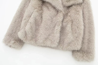 Women's Fashion Cropped Faux Fur Jacket Coat Long Sleeve Front Snap-button Outerwear Chic Lapel Collar Thick Coat The Clothing Company Sydney