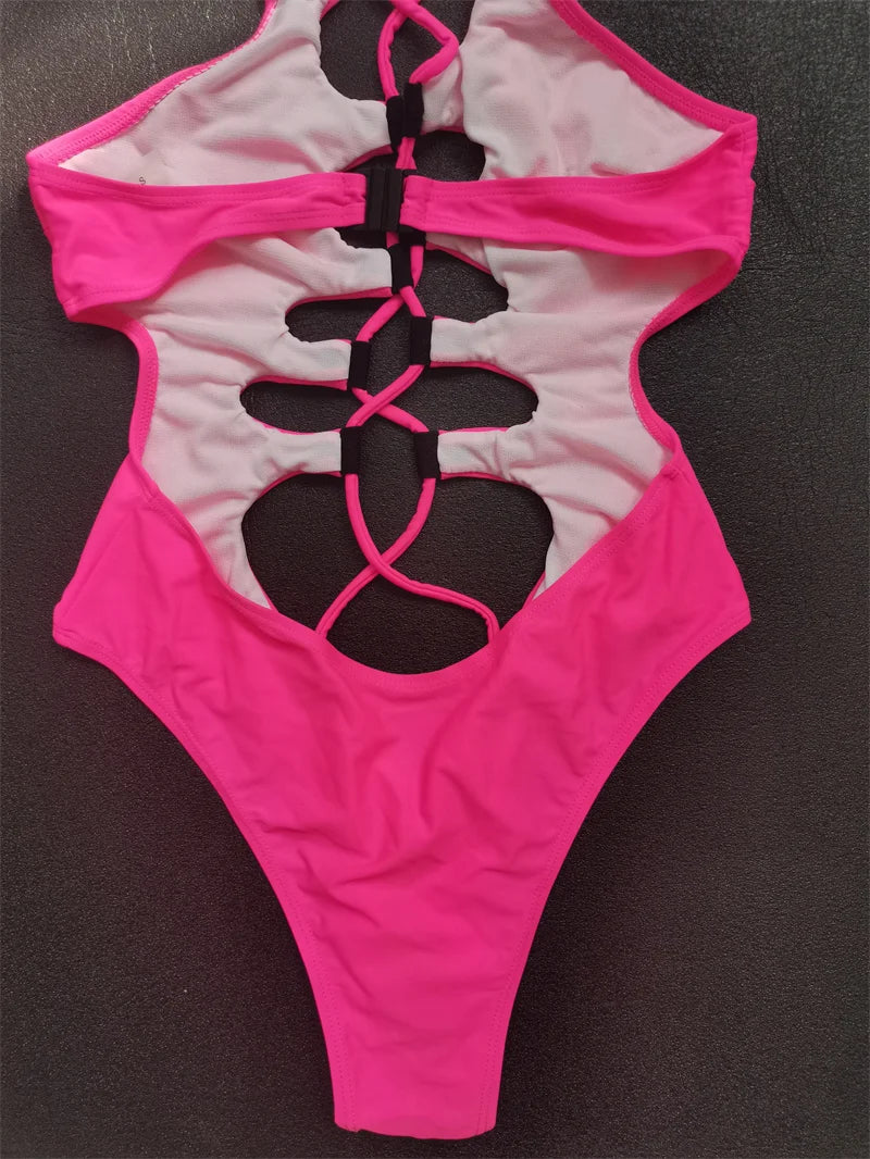 Hollow Out Swimwear Women's High Neck Solid Black Cut Out Backless Monokini Bandage Bathing Suit Holiday One Piece Swimsuit The Clothing Company Sydney