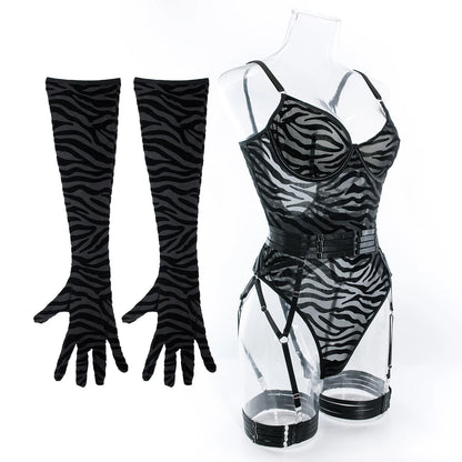 Tight Fitting Lace Bodysuit With Gloves Garter Night Club Outfit Mesh Top Lingerie Set - The Clothing Company Sydney