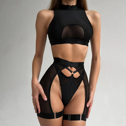 Lingerie Set Woman 3 Piece Vest Top Seamless Underwear Garter Belt Set Thong Black Intimate Exotic Set - The Clothing Company Sydney