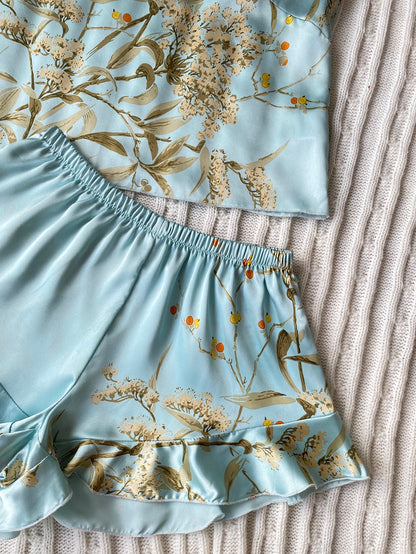 Women's Floral Cami Pyjama Set with Matching Bag – Ruffle Hem Shorts Sleepwear - The Clothing Company Sydney