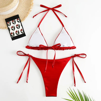 2 Piece Shiny Triangle Micro Thong Bikinis Sets Swimsuit Mini Swimwear Bathing Swiming Suits - The Clothing Company Sydney