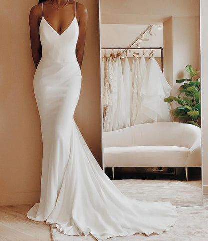 Satin Wedding Dress V-neck Spaghetti Straps Backless Formal Pleat Bridal Grown - The Clothing Company Sydney