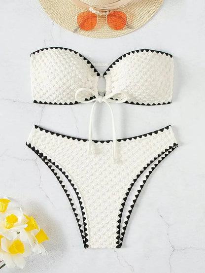 Swimwear White 2 Piece Strapless Swimsuit Bandeau Backless Bikini Set Lace-up Patchwork Bathing Suit The Clothing Company Sydney