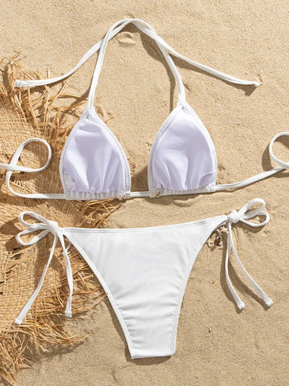 Shell Decoration Ribbed Bikini Women Swimwear Swimsuit Two-pieces Bikini Set Halter Strappy Bather Bathing Suit The Clothing Company Sydney