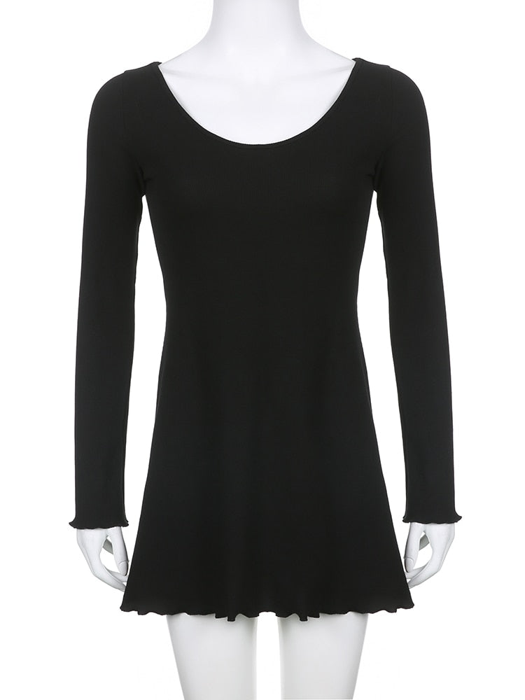 Casual Frill Long Sleeve Black Female Dress Slim Spring Autumn Mini Dresses Basic Fashion Elegant Outfit The Clothing Company Sydney