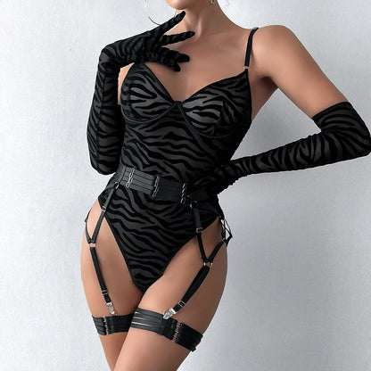 Tight Fitting Lace Bodysuit With Gloves Garter Night Club Outfit Mesh Top Lingerie Set - The Clothing Company Sydney
