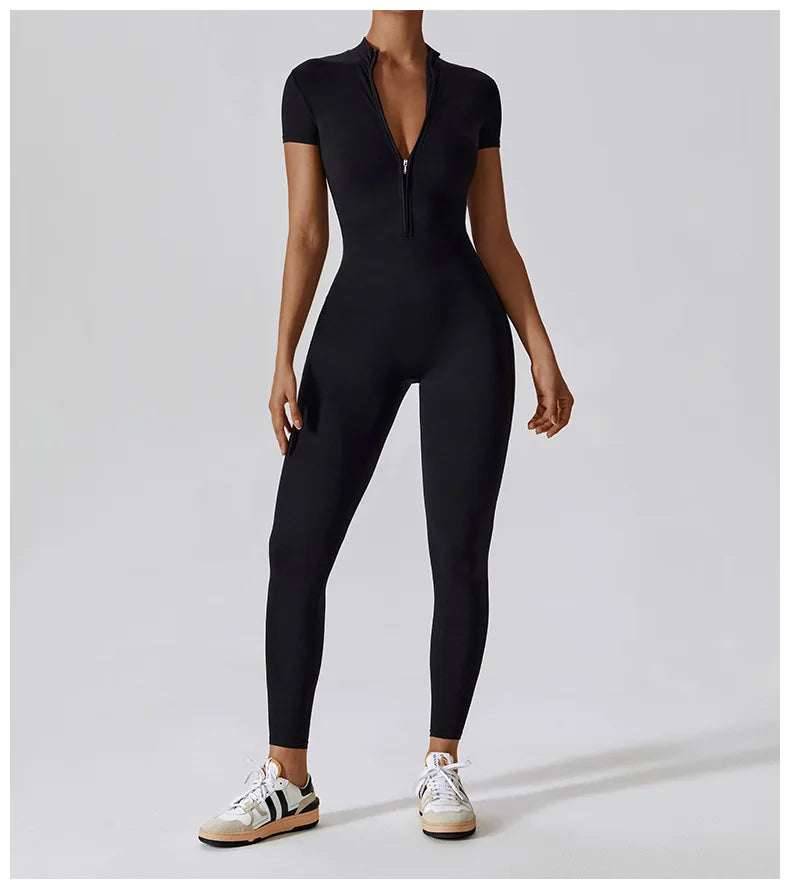 Women Zipper Short Sleeve Active Suit Dance Fitness Sportwear Tight Open Collar Yoga Jumpsuits - The Clothing Company Sydney