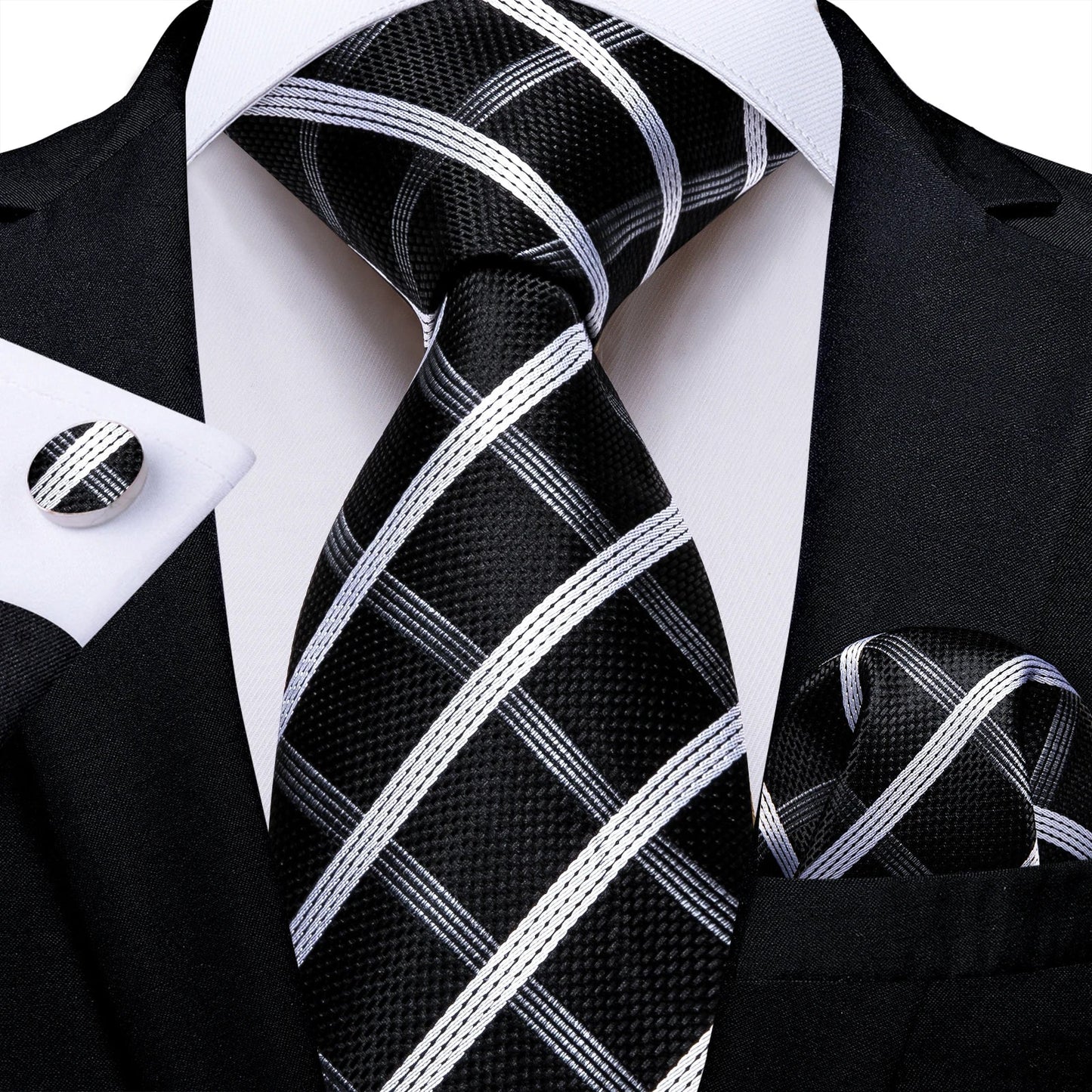 Plaid Print Men's Tie Set 8cm Width Neck Tie Handkerchief Cufflinks Business Wedding Tie Gift Set The Clothing Company Sydney
