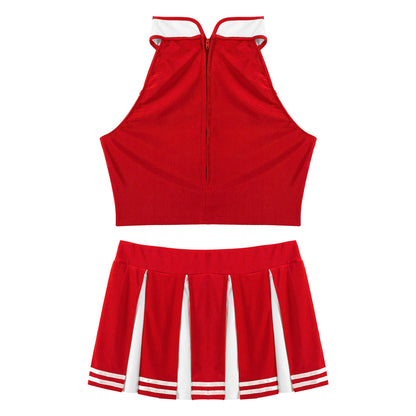 Women's Cheerleading Costume Uniform Carnival Cosplay Outfit Stand Collar Sleeveless Crop Top with Mini Pleated Skirt - The Clothing Company Sydney