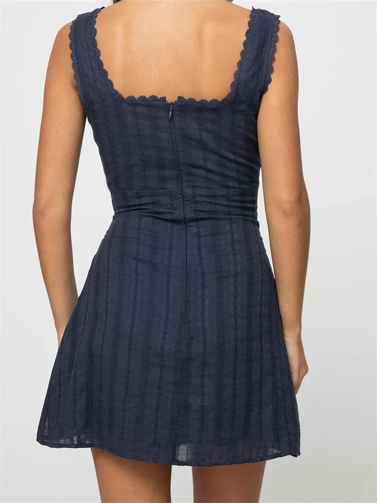 Sleeveless Short Mini Tank Square Neck Lace Trim A-line Dress - The Clothing Company Sydney