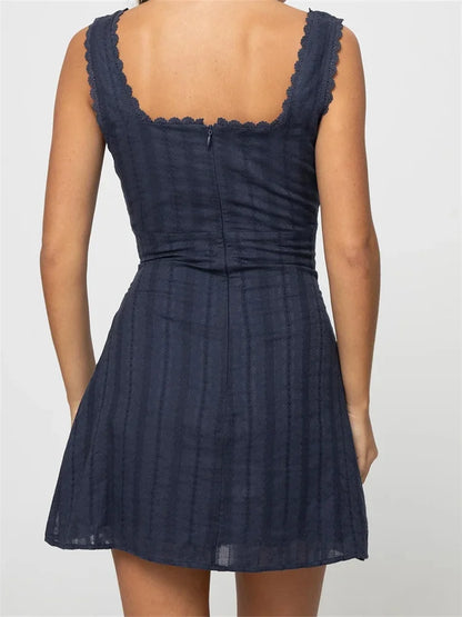 Sleeveless Short Mini Tank Square Neck Lace Trim A-line Dress - The Clothing Company Sydney