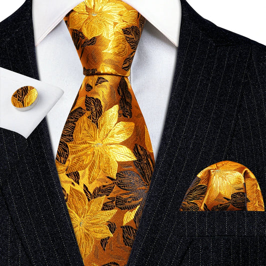 Elegant Men's Gold Leaves Floral Silk Neck Tie Pocket Square Cufflinks Wedding Business Party Gift Set - The Clothing Company Sydney
