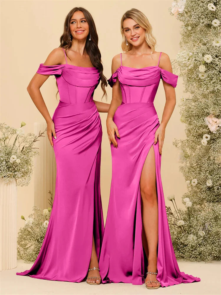 Off-the-Shoulder Spaghetti Straps Silk Satin Sheath Bridesmaid Dress Elegant Zipper Back Gowns For Wedding Guests - The Clothing Company Sydney