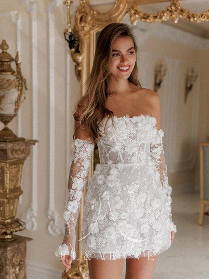 Luxury Beaded Short Lace Floral Appliques Long Sleeves Bridal Gown Mini Prom Party Dress Customized Wedding Dresses The Clothing Company Sydney