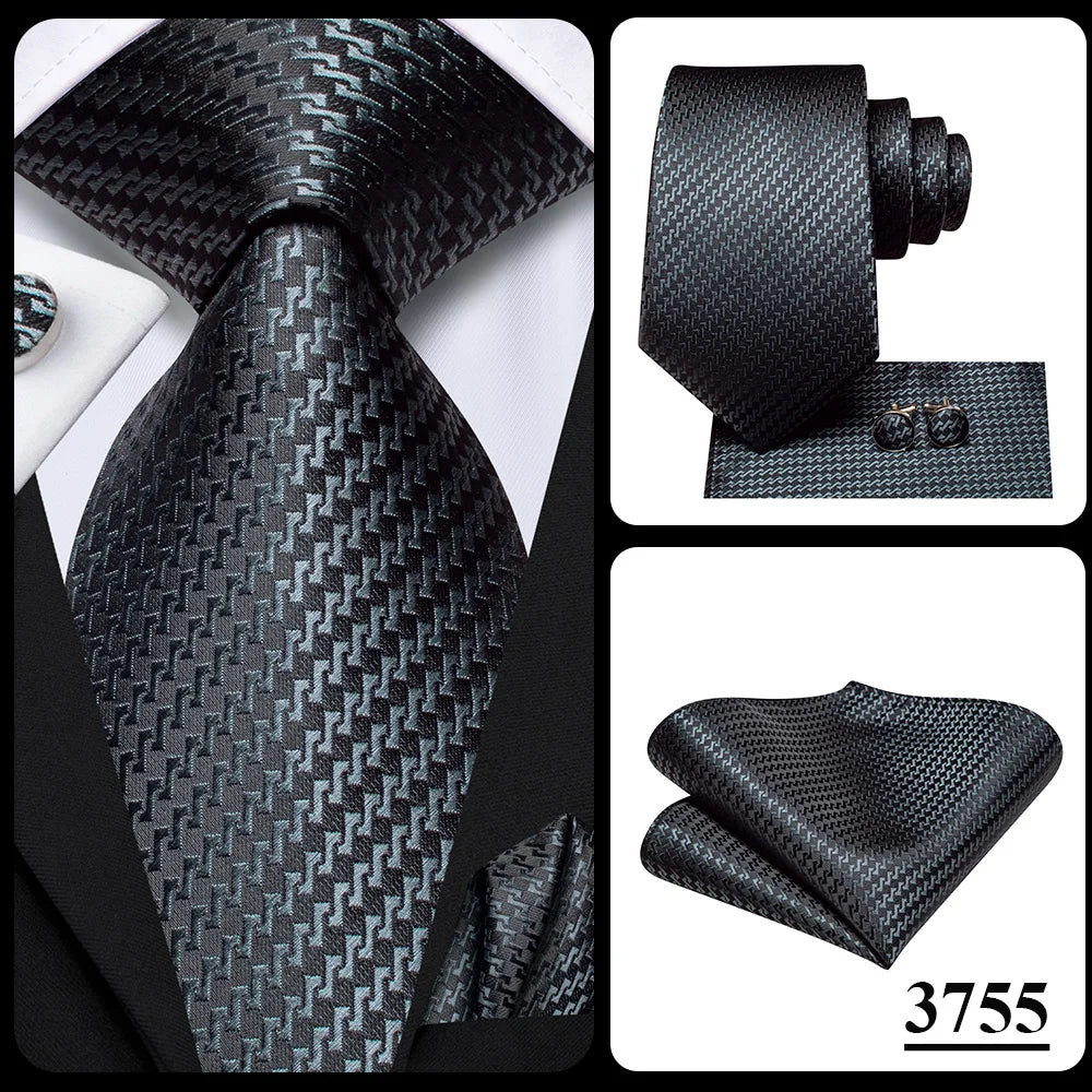 3 Piece Black Floral Silk Wedding Tie For Men Handky Cufflink Elegant Necktie Set For Men - The Clothing Company Sydney