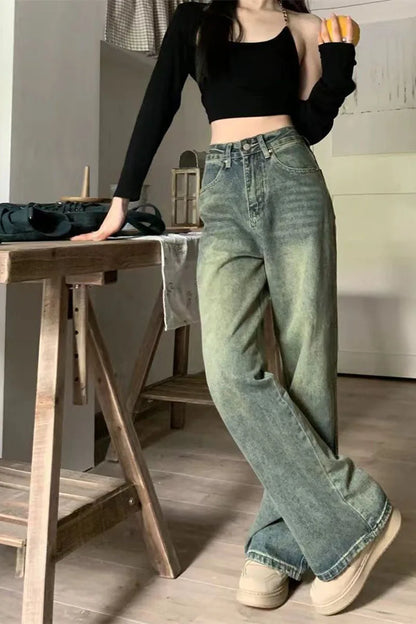 Vintage Baggy Straight Denim Trousers Y2K High Waist Loose Wide Leg Jeans Women Streetwear All-Match Casual Pants - The Clothing Company Sydney
