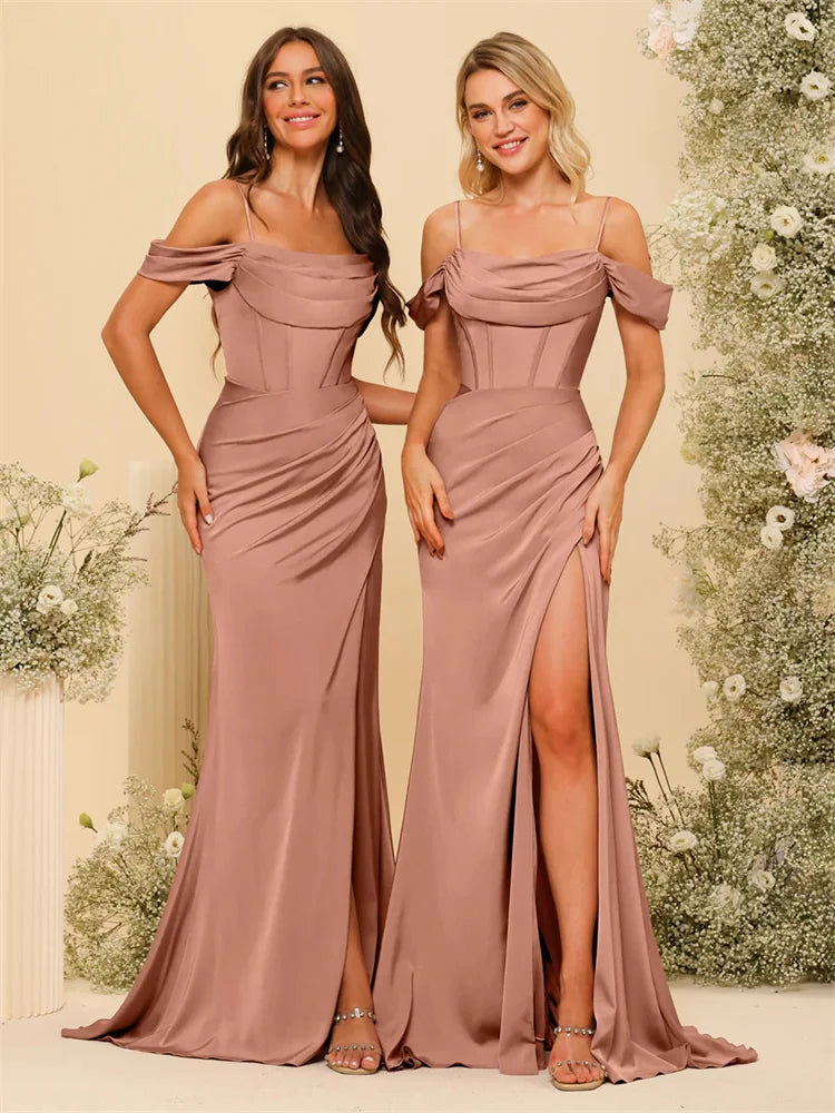 Off-the-Shoulder Spaghetti Straps Silk Satin Sheath Bridesmaid Dress Elegant Zipper Back Gowns For Wedding Guests - The Clothing Company Sydney