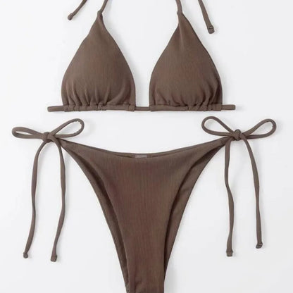 2 Piece Bathing Suit Ribbed Backless Pads Women Bikini Set Halter Triangle Bra Side Tie Thong Swimwear Set - The Clothing Company Sydney