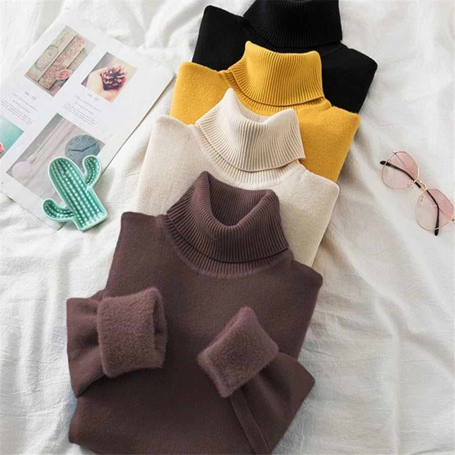 Ladies Turtleneck Winter Sweater Women Elegant Thick Velvet Lined Warm Knitted Pullover Slim Tops Jersey Knitwear Jumper The Clothing Company Sydney