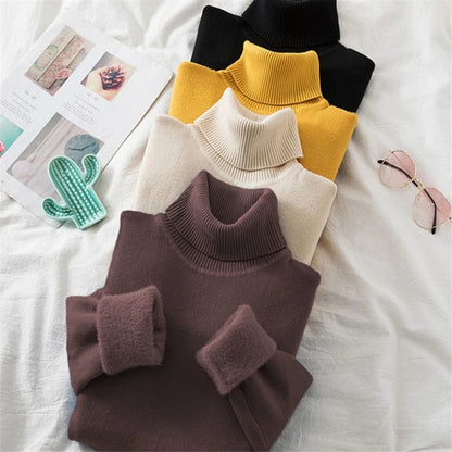 Ladies Turtleneck Winter Sweater Women Elegant Thick Velvet Lined Warm Knitted Pullover Slim Tops Jersey Knitwear Jumper The Clothing Company Sydney